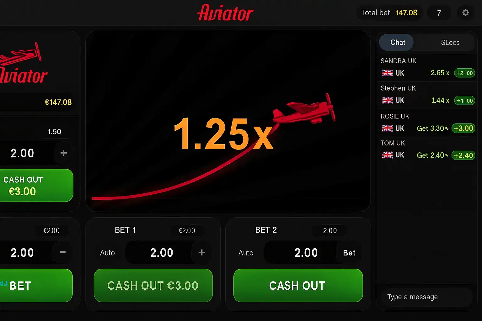 Screenshot of the Aviator betting game interface showing a red plane, live bets, and a 1.25x multiplier in a dark-themed layout.