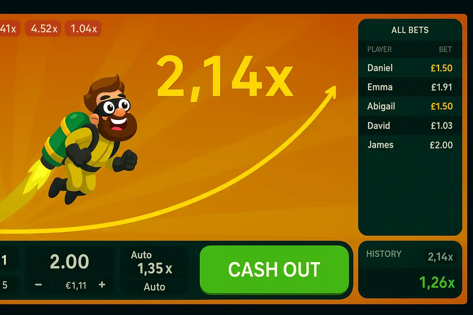 Crash game with a bearded man in a yellow jetpack suit flying upwards on an orange background, showing 2.14x multiplier.