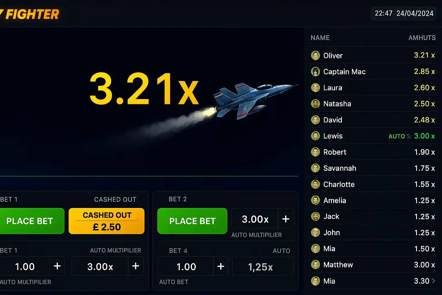 Fighter jet game interface with 3.21x multiplier and a blue aircraft flying, alongside active bets and auto cashout settings.
