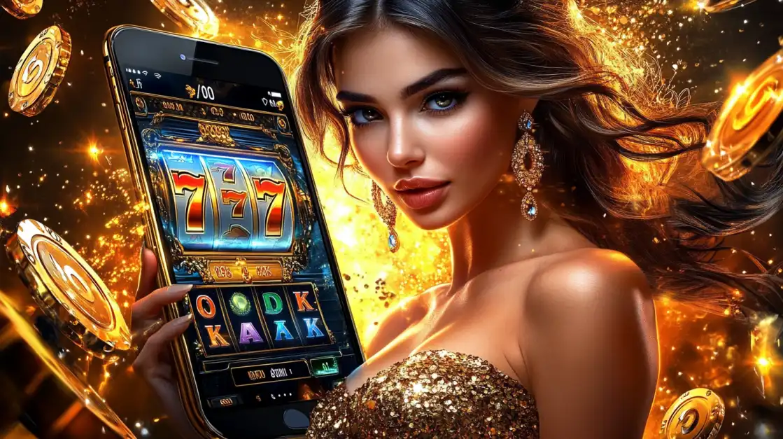 Stunning brunette in a sequin dress showing a mobile slot game on her phone, with coins flying through a fiery casino background.