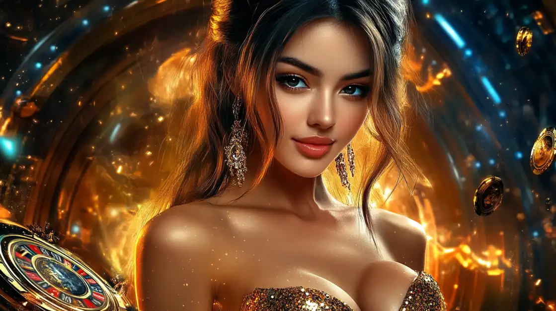 Elegant woman in a glittery gold dress with glamorous earrings, standing in a glowing casino environment with spinning roulette and coins.